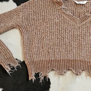 Belle Du Jour purposely Distressed V-Neck Chenille Sweater - Mauve Tan Size XS